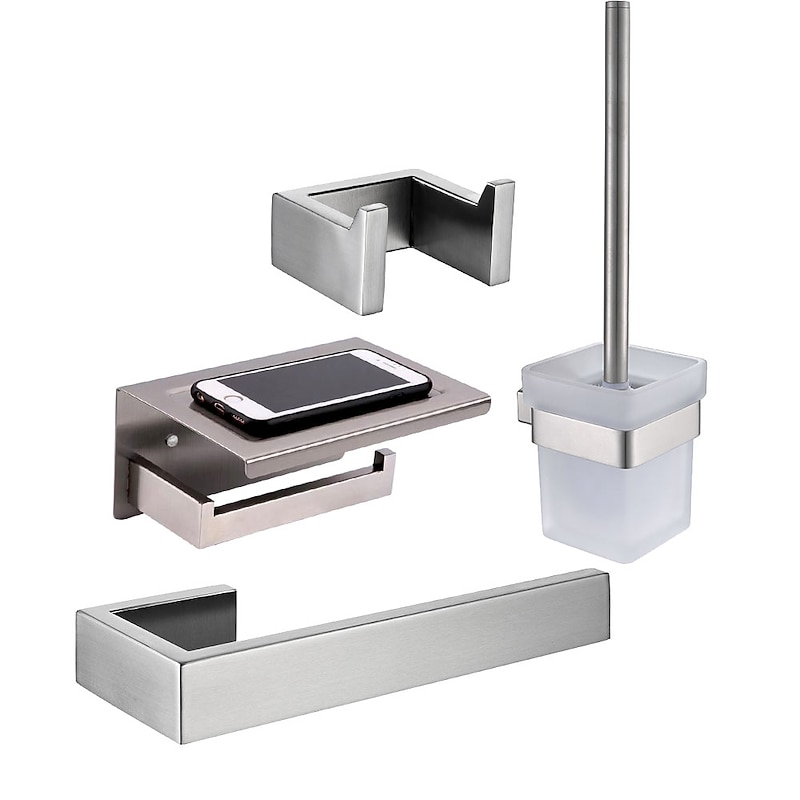 Multifunction Bathroom Accessory Set Include Towel Bar Toilet Brush Holder Robe Hook and Toilet Paper Holder Wall Mounted Stainless Steel Silvery 4pcs