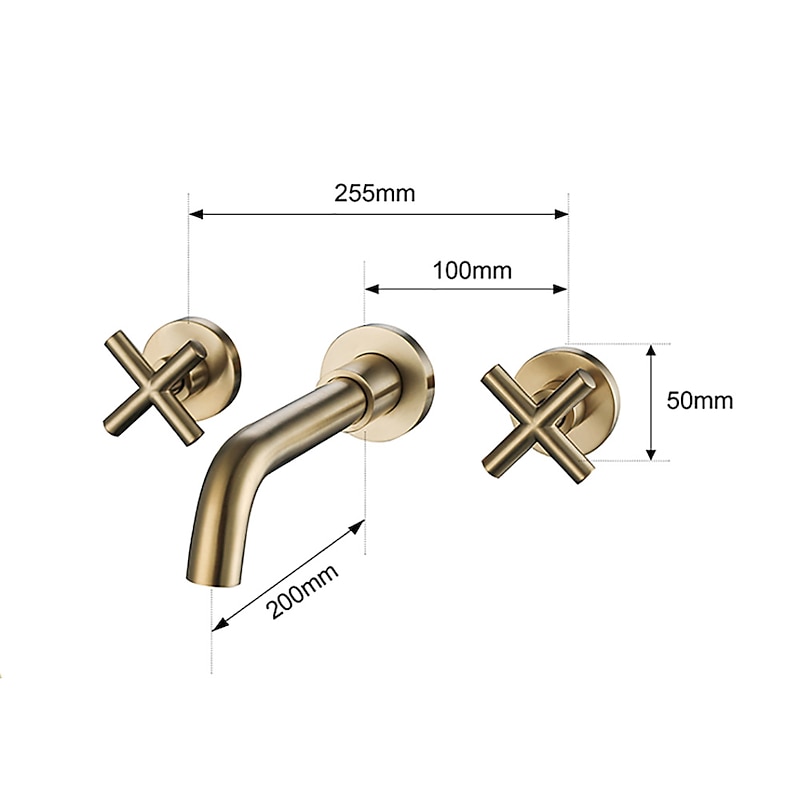 Wall Mount Bathroom Sink Mixer Faucet, Washroom Basin Brushed Gold Faucet Brass Basin Mixer Taps and Rough in Valve Included with Double Handle for Vessel Water Tap3