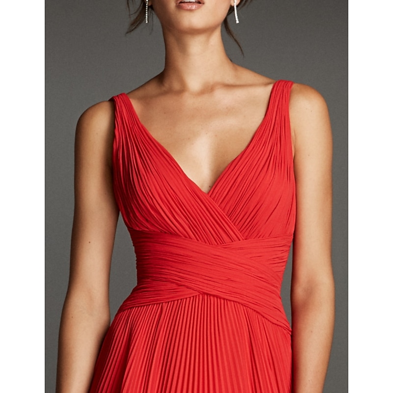 A-Line Evening Gown Empire Dress Engagement Formal Evening Floor Length Sleeveless V Neck Bridesmaid Dress Chiffon with Pleats3