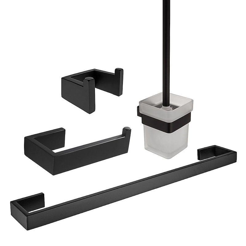 Bathroom Hardware Set 4 Pieces, SUS304 Stainless Steel Remodeled Wall Mounted Bathroom Accessories, Include 1 Robe Hook, 1 Towel Holder.1 Toilet Paper Holder,1 Toliet Brush Sets