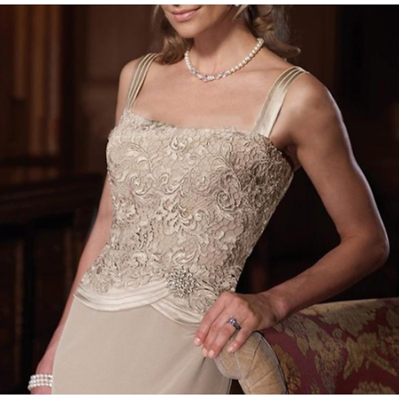 Sheath Mother of the Bride Dress Wedding Guest Elegant Plus Size Straight Neckline Floor Length Chiffon Satin Lace Sleeveless Short Jacket Dresses with Sash / Ribbon Appliques4