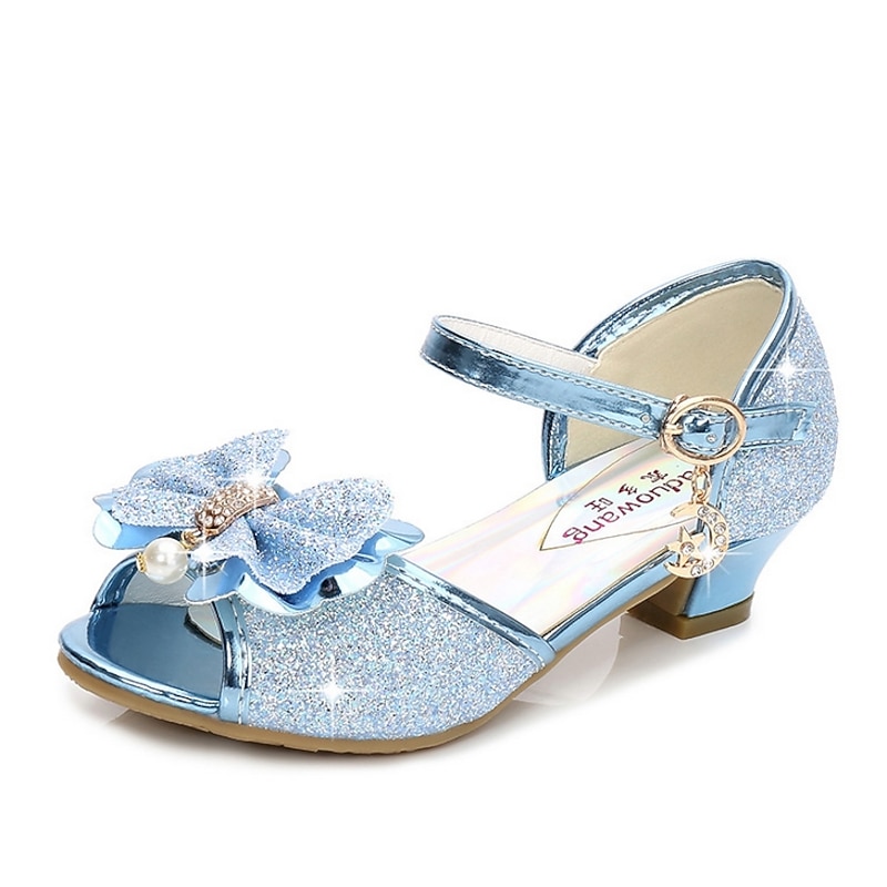Girls' Blue Glitter Princess Shoes with Bow and Pearl Charm – Sparkly Low Heel Sandals for Parties, Weddings, and Dress-Up