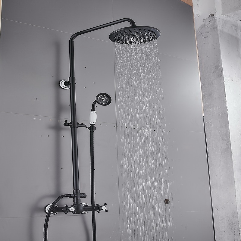 Two Handles Shower Systerm Set, Black Brass Faucet Three Holes Adjustable Electroplated Rainfall High Pressure Shower Mixer Taps with Rain Shower and Hand Shower3
