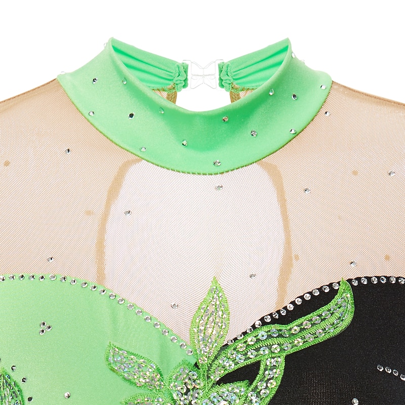 Figure Skating Dress Women's Girls' Ice Skating Dress Outfits Black / Green Patchwork Spandex Stretch Yarn High Elasticity Competition Skating Wear Classic Long Sleeve Figure Skating4