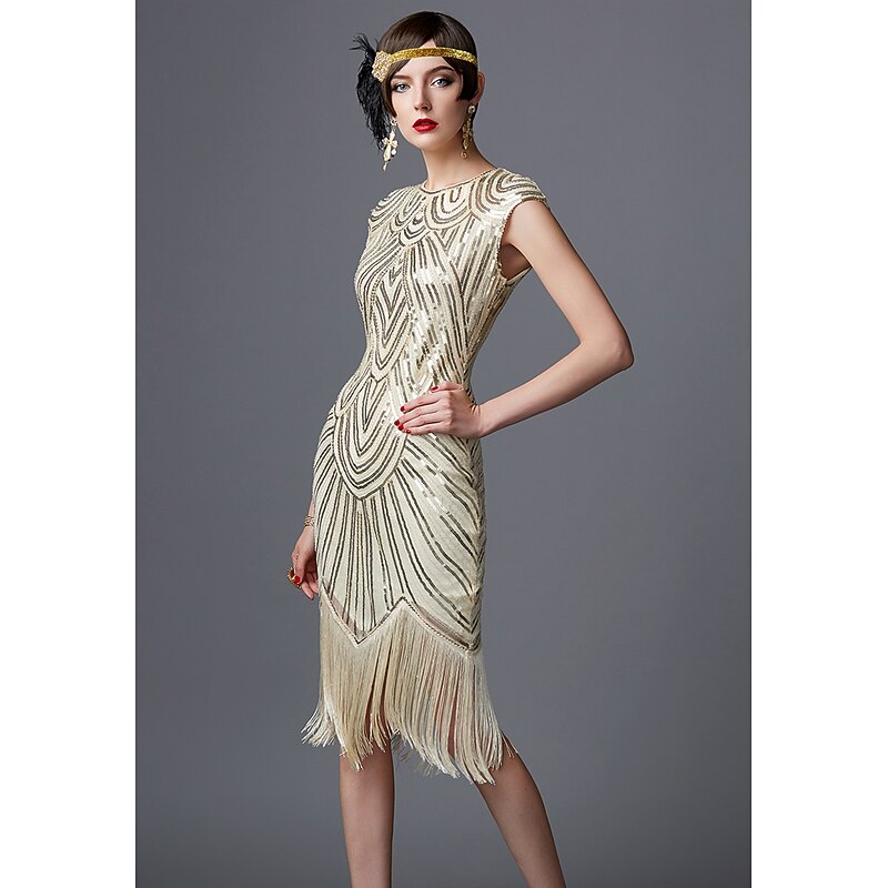 Roaring 20s 1920s Cocktail Dress Knee Length Flapper Dress Dress Halloween Costumes Juliet Sleeve The Great Gatsby Charleston Sequins Embroidered Fancy Dress Women's Wedding Party Wedding Guest