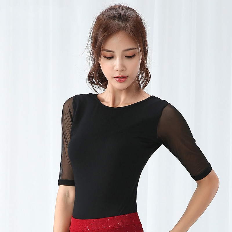 Latin Dance Top Ruching Women's Performance Half Sleeve Modal Mesh3