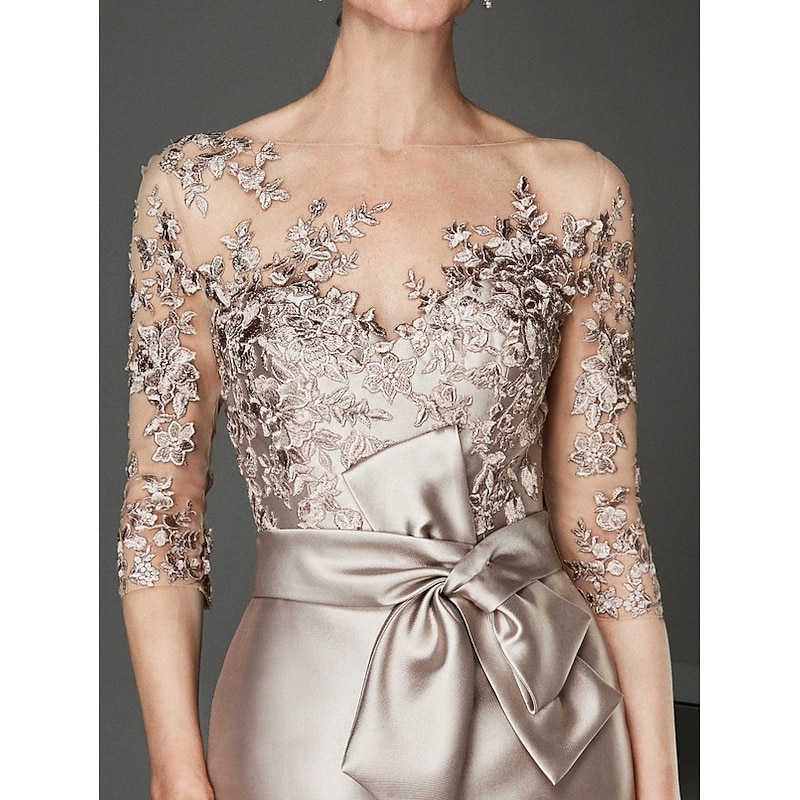 Sheath Mother of the Bride Dress Elegant Plus Size See Through Bateau Neck Knee Length Satin Tulle Half Sleeve with Beading Ruffles dress to impress Race Day Dress2