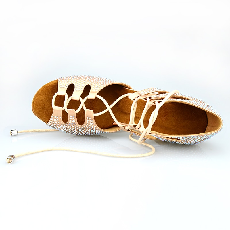 Women's Latin Shoes Party Training Performance Glitter Crystal Sequined Jeweled Heel Sparkling Glitter Crystal / Rhinestone Flared Heel Lace-up Black Almond / Satin4