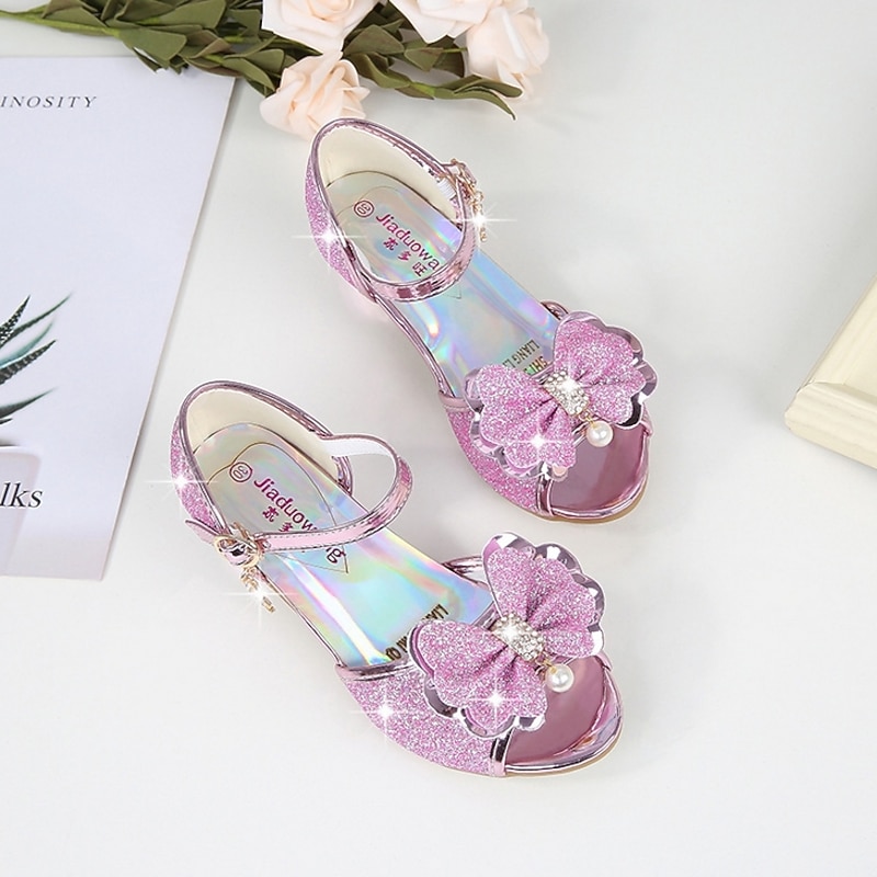 Girls' Blue Glitter Princess Shoes with Bow and Pearl Charm – Sparkly Low Heel Sandals for Parties, Weddings, and Dress-Up4