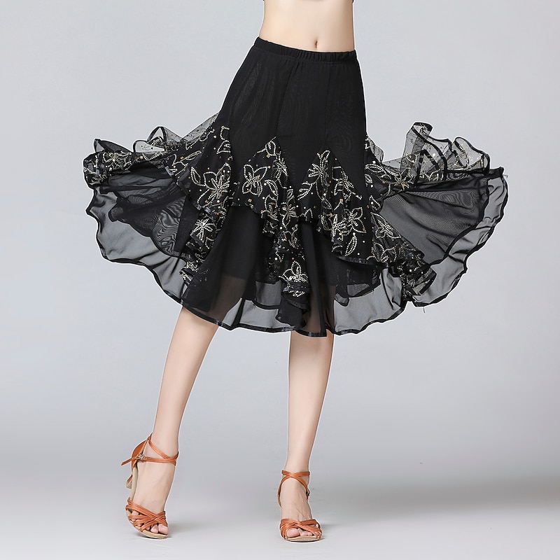 Latin Dance Skirts Cascading Ruffles Paillette Women's Training Performance Natural Mesh Sequined Milk Fiber