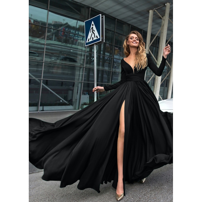 A-Line Evening Gown Empire Black Dress Holiday Wedding Guest Floor Length Long Sleeve V Neck Chiffon V Back with Slit Pure Color Masquerade Dress to impress