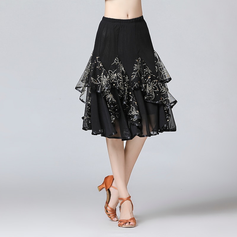 Latin Dance Skirts Cascading Ruffles Paillette Women's Training Performance Natural Mesh Sequined Milk Fiber2