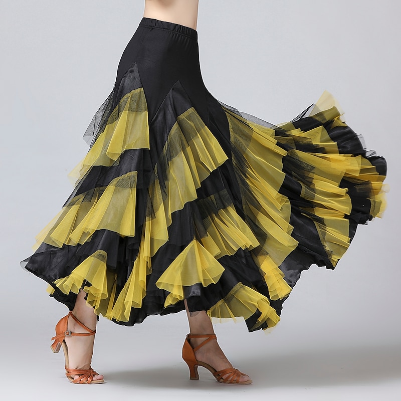 Ballroom Dance Skirts Cascading Ruffles Split Joint Women's Training Performance Natural Mesh Chiffon Milk Fiber3