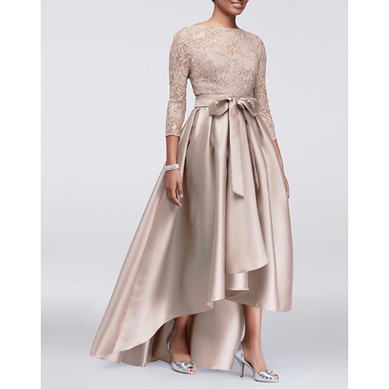 A-Line Mother of the Bride Dress Wedding Guest Elegant Plus Size High Low Jewel Neck Asymmetrical Satin Lace 3/4 Length Sleeve with Sash / Ribbon Appliques4