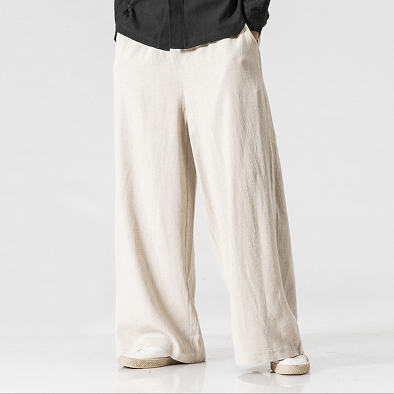 Men's Linen Pants Trousers Summer Pants Beach Pants Wide Leg Flowy Plain Comfort Breathable Full Length Yoga Casual Holiday Fashion Streetwear Loose Fit Black Navy Blue4