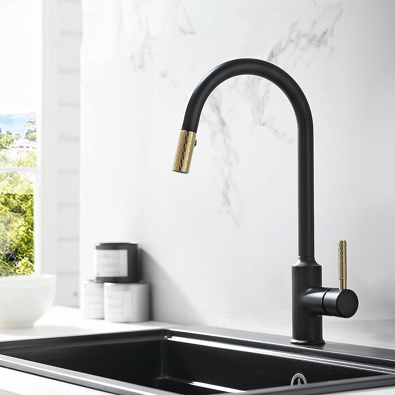Kitchen Sink Mixer Faucet Pull Out, 360 swivel Single Lever Handle Brushed Solid Brass Taps Cold Hot Hose, One Hole with Pull Down Sprayer Black Gold Faucets2