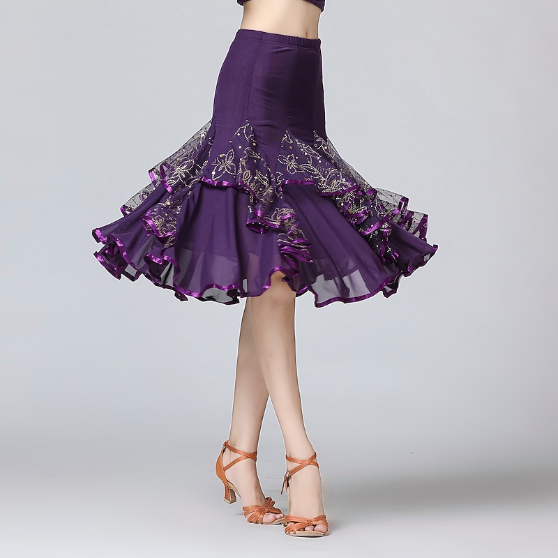 Latin Dance Skirts Cascading Ruffles Paillette Women's Training Performance Natural Mesh Sequined Milk Fiber3