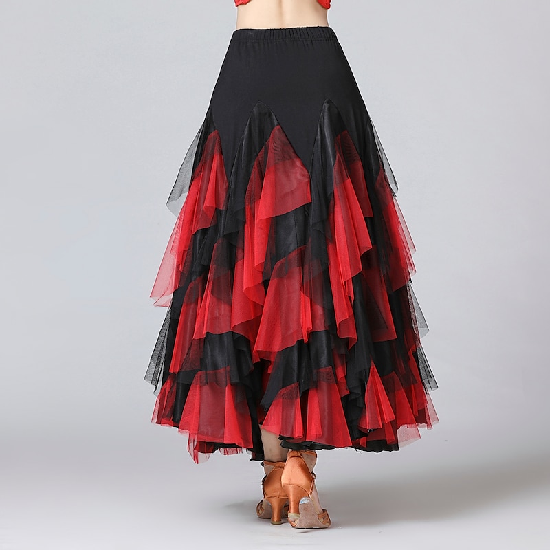 Ballroom Dance Skirts Cascading Ruffles Split Joint Women's Training Performance Natural Mesh Chiffon Milk Fiber2