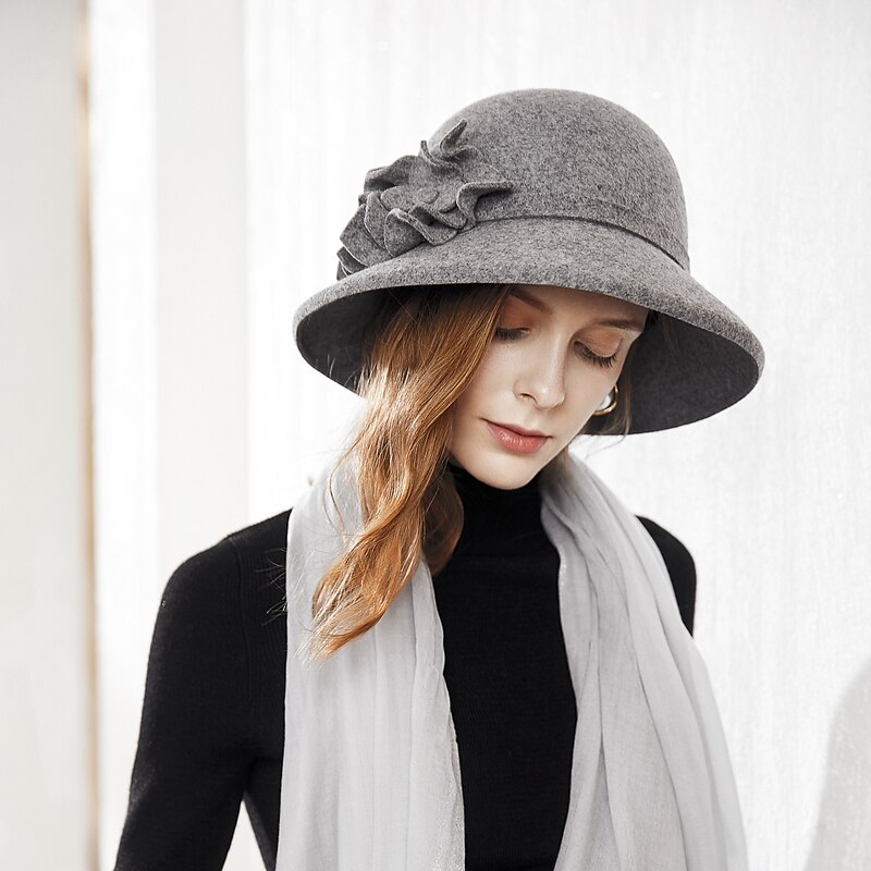 Hats 100% Wool Bucket Hat Casual With Floral Lace Side Headpiece Headwear