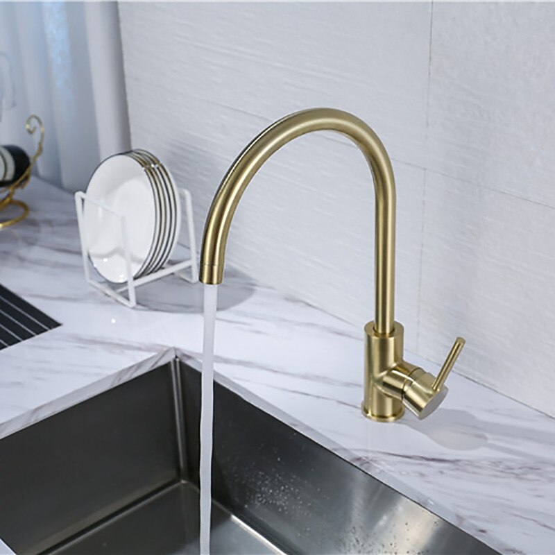 Kitchen Sink Mixer Faucet Brushed Gold Deck Mounted , 360 Swivel Single Handle Vessel Kitchen Brass Taps with Cold and Hot Water Hose2