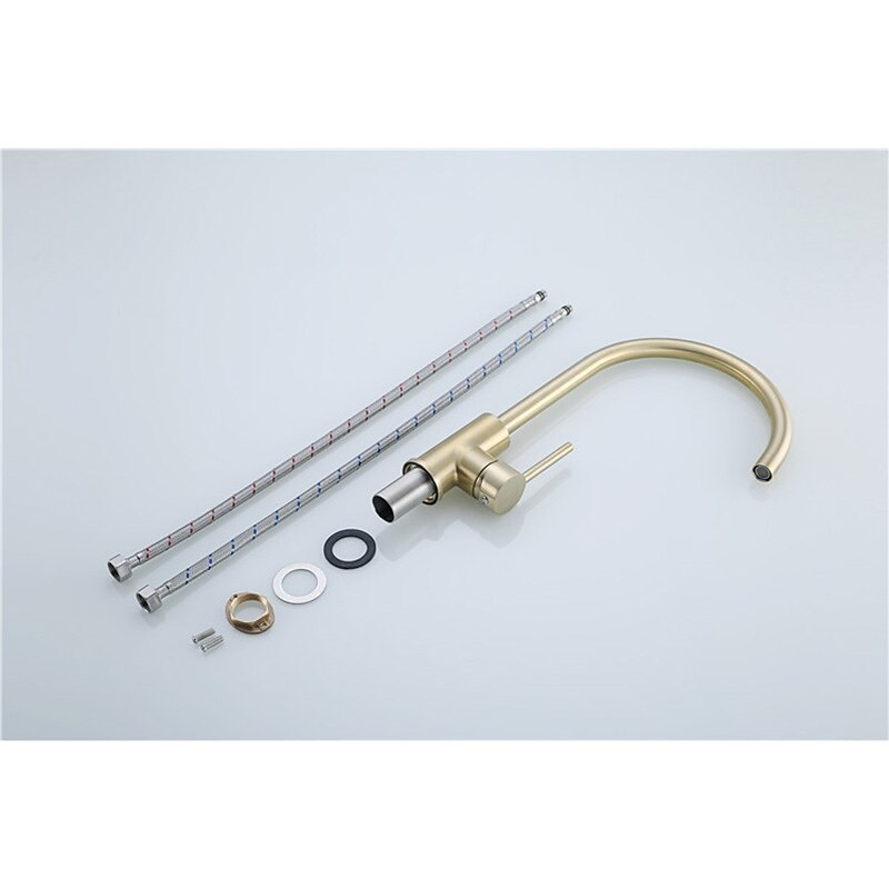 Kitchen Sink Mixer Faucet Brushed Gold Deck Mounted , 360 Swivel Single Handle Vessel Kitchen Brass Taps with Cold and Hot Water Hose3