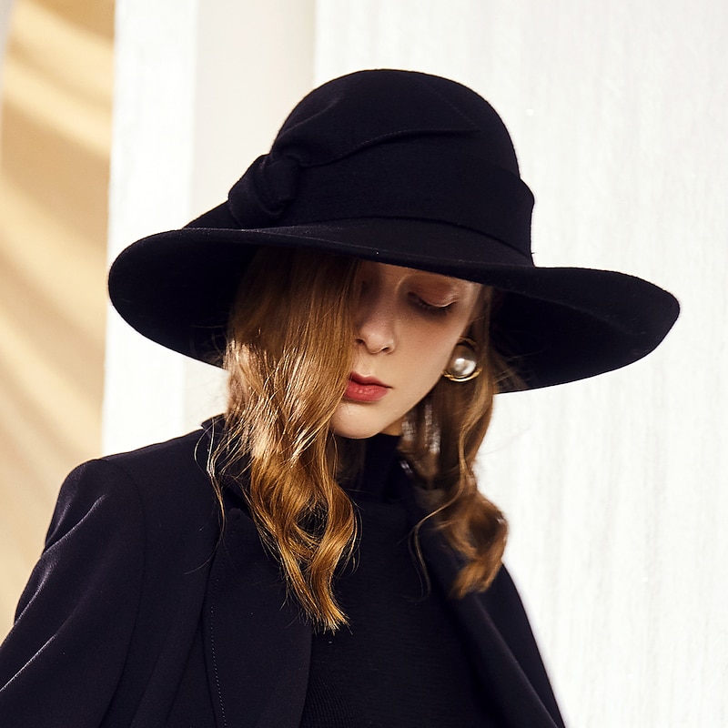 Hats 100% Wool Bucket Hat Casual With Bowknot Headpiece Headwear