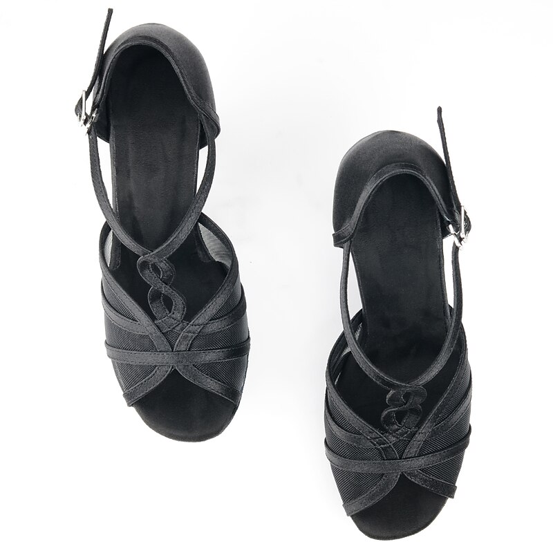 Women's Black Strappy Mesh Dance Heels with Buckle Closure – Elegant Open-Toe Shoes for Ballroom, Latin, and Special Events4