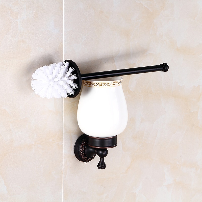 Toilet Brush with Holder,Antique Brass Ceramics  Wall Mounted Rubber Painted Toilet Bowl Brush and Holder for Bathroom4