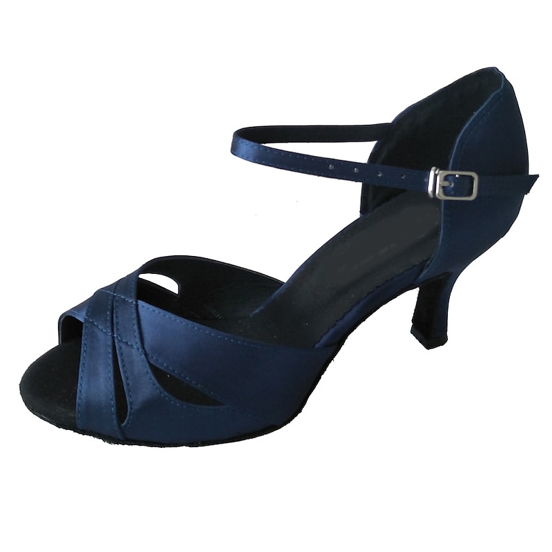 Women's Navy Blue Satin Latin Dance Shoes – Open-Toe Mid Heel Ballroom Sandals with Ankle Strap for Practice & Performance