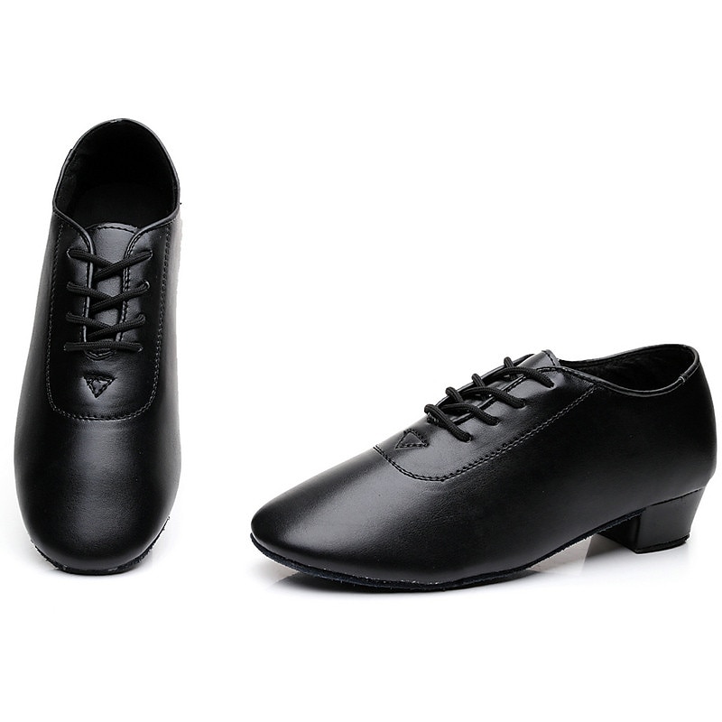 Black Faux Leather Ballroom Dance Shoes for Boys - Lace-Up Latin, Tango, Salsa, and Cha-Cha Dance Shoes with Thick Heel and Suede Sole3