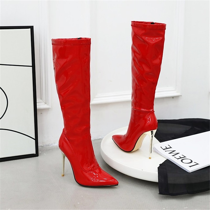 Women's Red Patent Leather Knee - High Boots, Sexy Stiletto Heel with Metallic Accent, Bold Night Out & Party Style