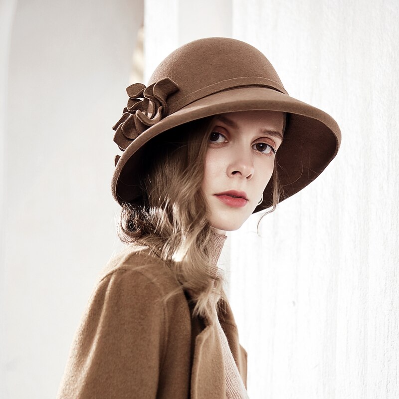 Hats 100% Wool Bucket Hat Casual With Floral Lace Side Headpiece Headwear3