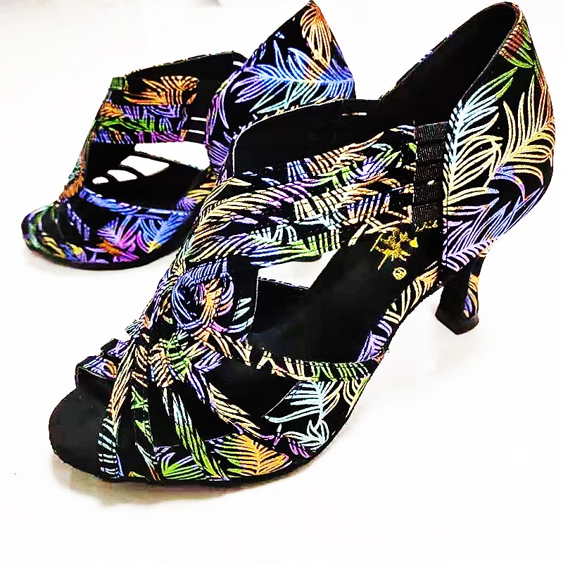 Women's Colorful Floral Embroidered Dance Shoes  with Soft Suede Sole – Open-Toe Latin Heels for Ballroom and Salsa Performance4