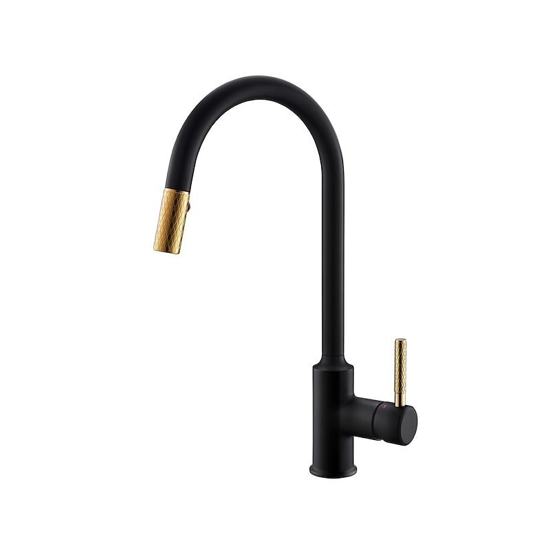 Kitchen Sink Mixer Faucet Pull Out, 360 swivel Single Lever Handle Brushed Solid Brass Taps Cold Hot Hose, One Hole with Pull Down Sprayer Black Gold Faucets3