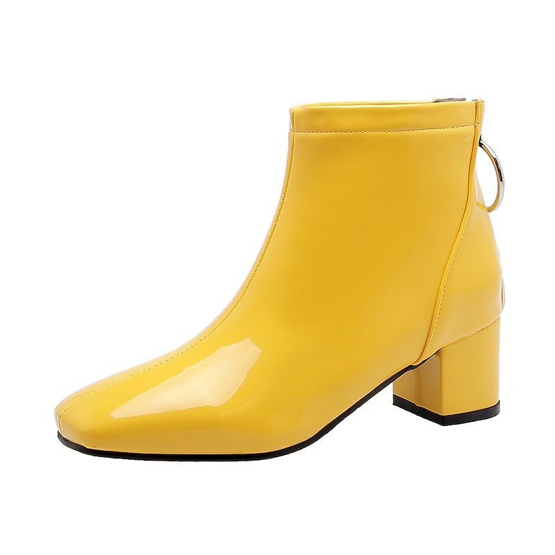 Women's Yellow Patent Leather Ankle Boots with Block Heel and Fleece Lining, Glossy Fashion Short Boots for Casual Wear, Party and Night Out