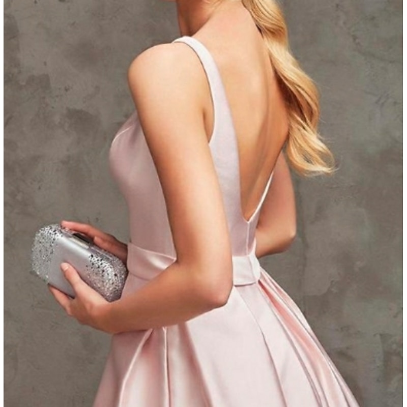 A-Line Cocktail Dresses Party Dress Wedding Guest Graduation Short / Mini Sleeveless Boat NeckDress Satin V Back with Pleats Dresses2