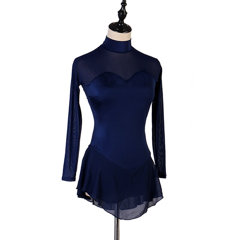 Figure Skating Dress Women's Girls' Ice Skating Dress Outfits Dark Navy Patchwork Mesh Spandex High Elasticity Practice Professional Competition Skating Wear Handmade Classic Crystal / Rhinestone4