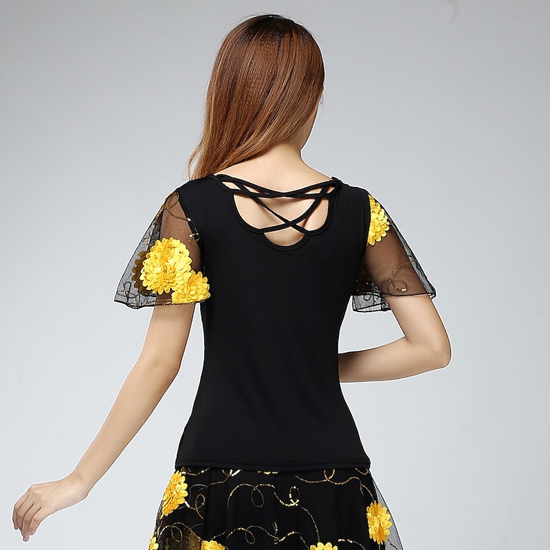 Latin Dance Ballroom Dance Top Embroidery Ruching Paillette Women's Training Performance Short Sleeve Mesh Sequined Milk Fiber3