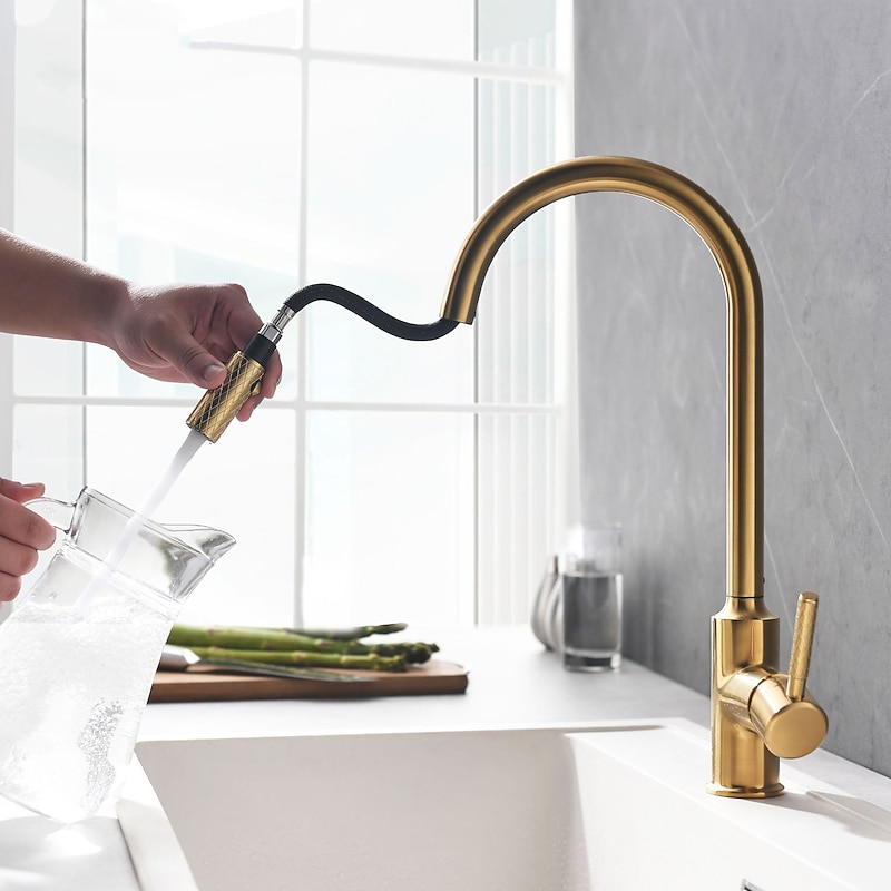 Kitchen Sink Mixer Faucet Pull Out, 360 swivel Single Lever Handle Brushed Solid Brass Taps Cold Hot Hose, One Hole with Pull Down Sprayer Black Gold Faucets4