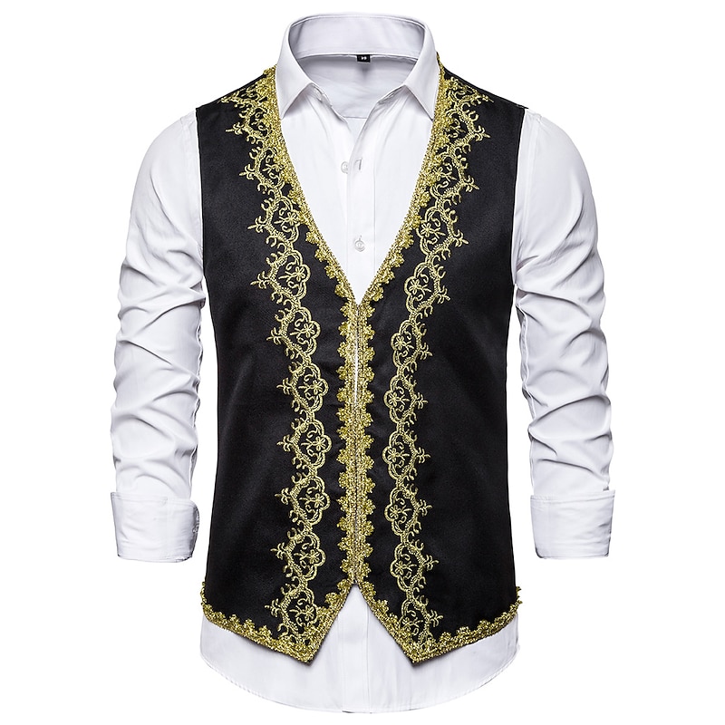 Men's Vest Waistcoat Christmas Wedding Party New Year Medieval Renaissance Summer Spring Vintage Style Embroidery Polyester Cosplay Color Block V Neck Skinny Black White Red Vest2