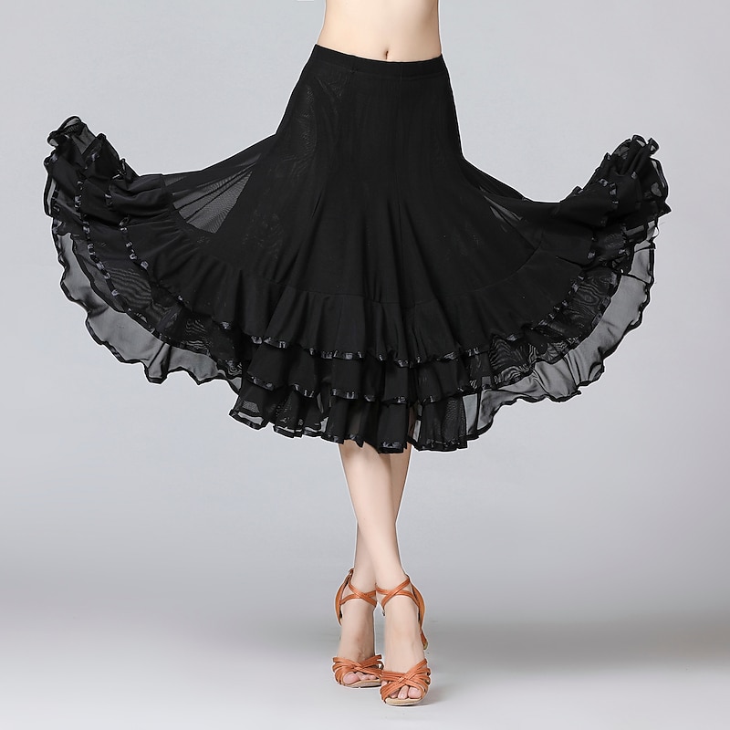 Latin Dance Skirts Pleats Cascading Ruffles Wave-like Women's Performance Training Natural Mesh Milk Fiber4