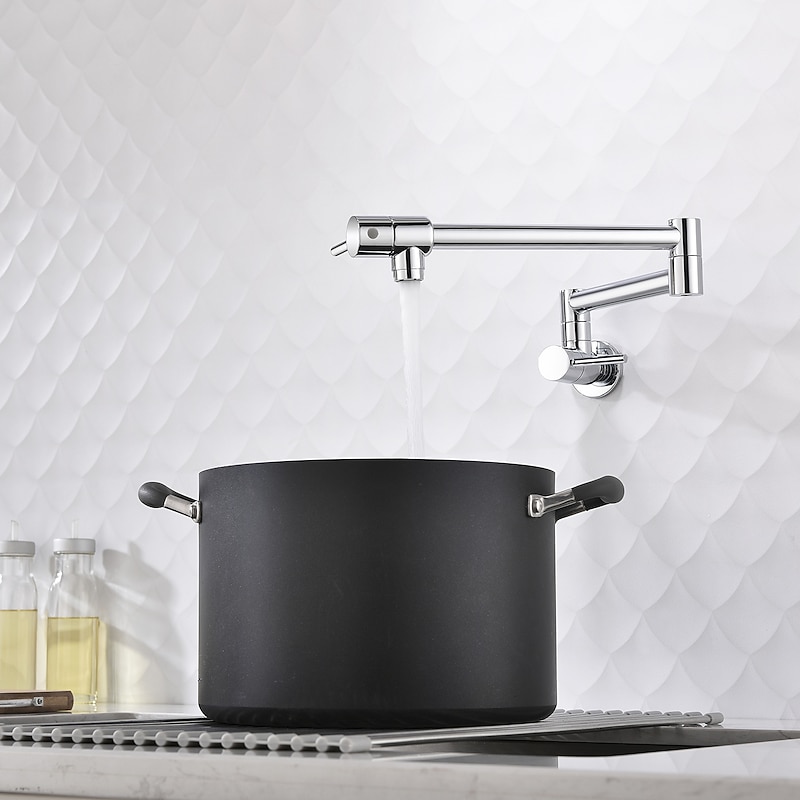 Kitchen Faucet,Wall Mounted Pot Filler Two Handles One Hole Chrome/Oil-rubbed Bronze/Nickel Brushed Foldable Pot Filler Wall Mounted Contemporary Kitchen Taps with Cold Water Only4