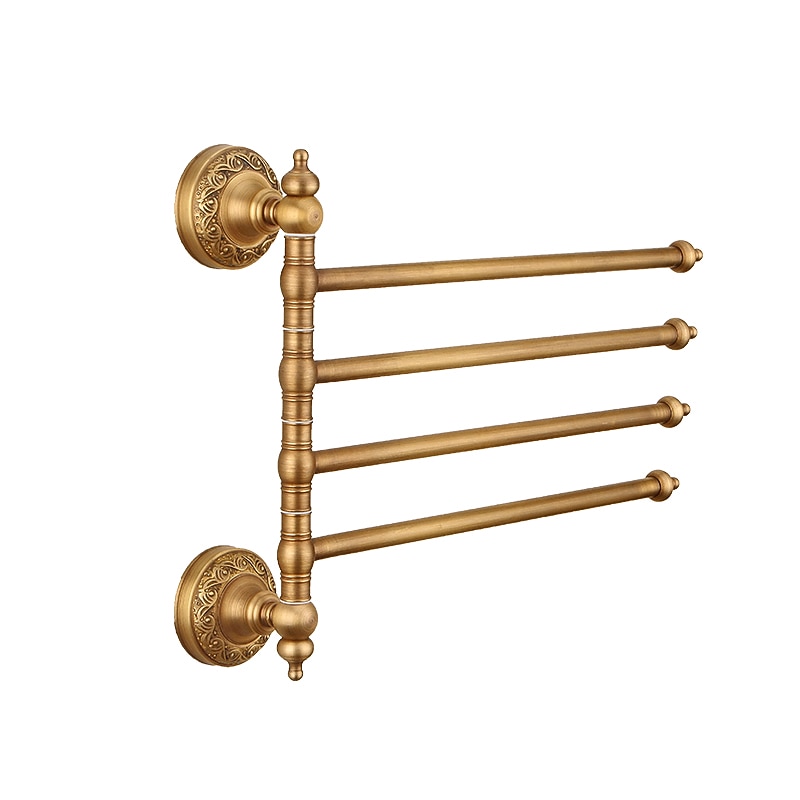 Multifunction Brushed Brass Towel holder Towel Rack Electroplated Brass Bathroom Shelf with 4 Rods Wall Mounted 1pc
