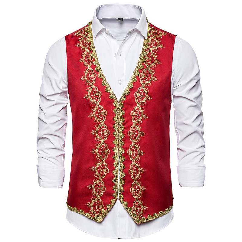 Men's Vest Waistcoat Christmas Wedding Party New Year Medieval Renaissance Summer Spring Vintage Style Embroidery Polyester Cosplay Color Block V Neck Skinny Black White Red Vest4