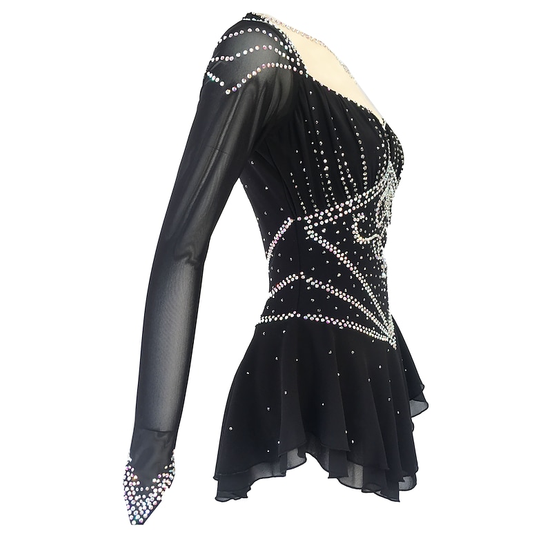 Figure Skating Dress Women's Girls' Ice Skating Dress Outfits Black Yellow Dark Red Open Back Spandex Stretch Yarn High Elasticity Training Skating Wear Solid Colored Classic Crystal / Rhinestone3
