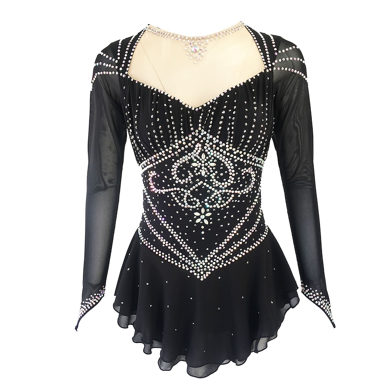 Figure Skating Dress Women's Girls' Ice Skating Dress Outfits Black Yellow Dark Red Open Back Spandex Stretch Yarn High Elasticity Training Skating Wear Solid Colored Classic Crystal / Rhinestone2