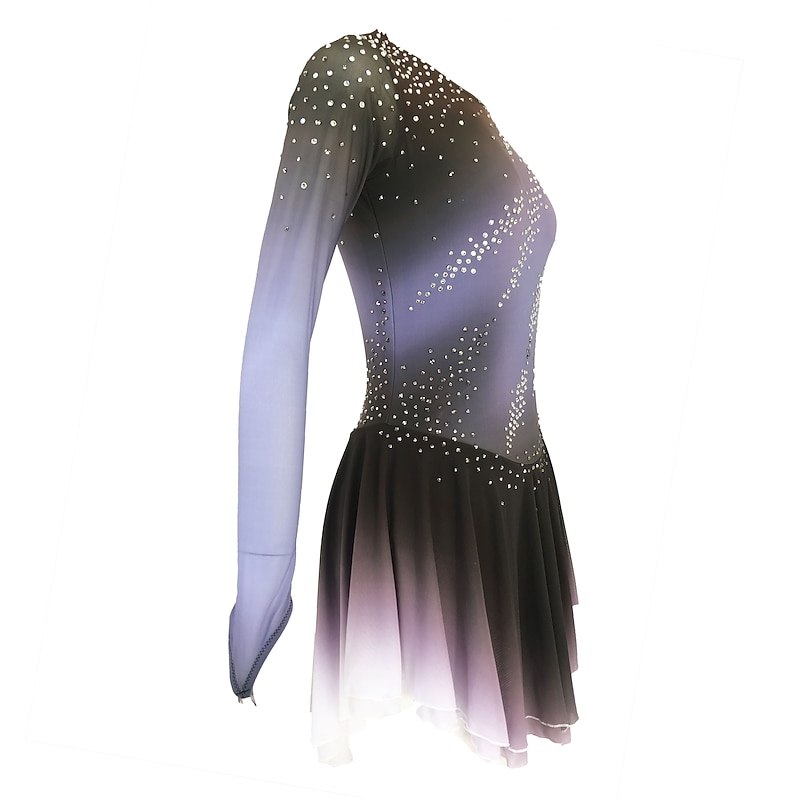 Figure Skating Dress Women's Girls' Ice Skating Dress Outfits Grey Open Back Spandex High Elasticity Training Skating Wear Handmade Solid Colored Classic Crystal / Rhinestone Long Sleeve Ice Skating2