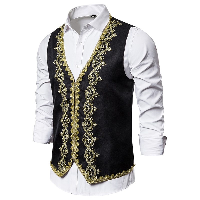 Men's Vest Waistcoat Christmas Wedding Party New Year Medieval Renaissance Summer Spring Vintage Style Embroidery Polyester Cosplay Color Block V Neck Skinny Black White Red Vest