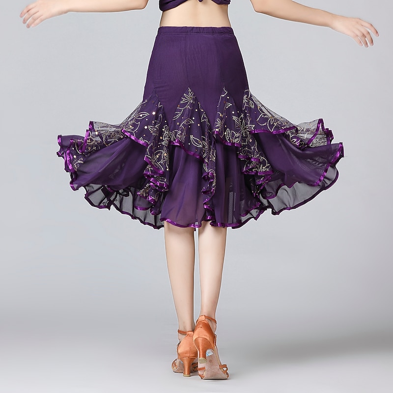 Latin Dance Skirts Cascading Ruffles Paillette Women's Training Performance Natural Mesh Sequined Milk Fiber4