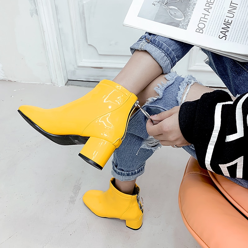 Women's Yellow Patent Leather Ankle Boots with Block Heel and Fleece Lining, Glossy Fashion Short Boots for Casual Wear, Party and Night Out2